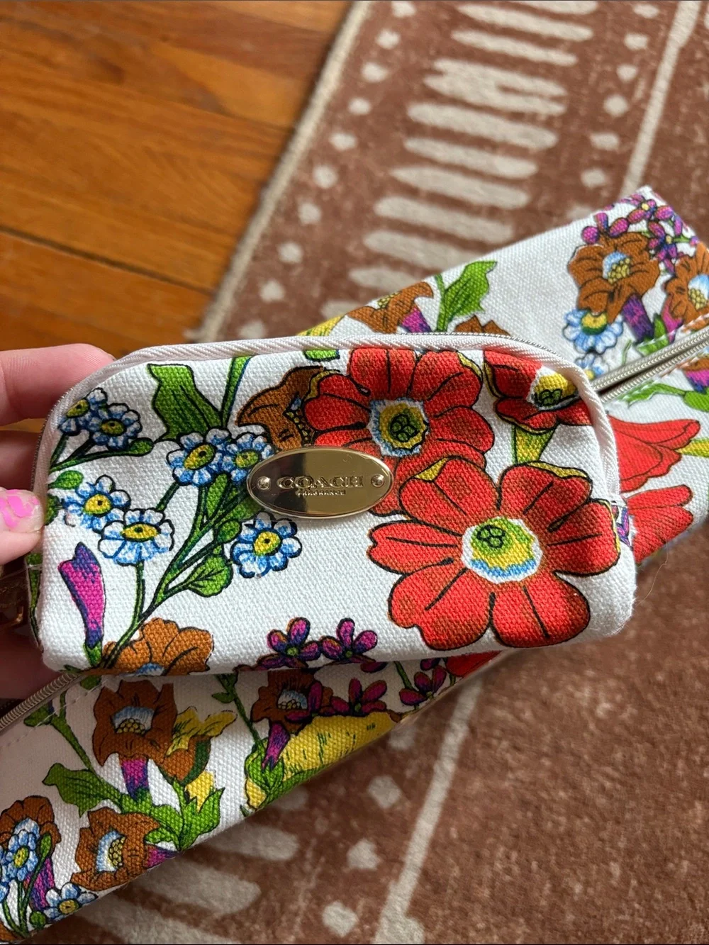 Coach Floral Canvas Cosmetic Pouch in White with Red, Purple & Yellow Blooms
